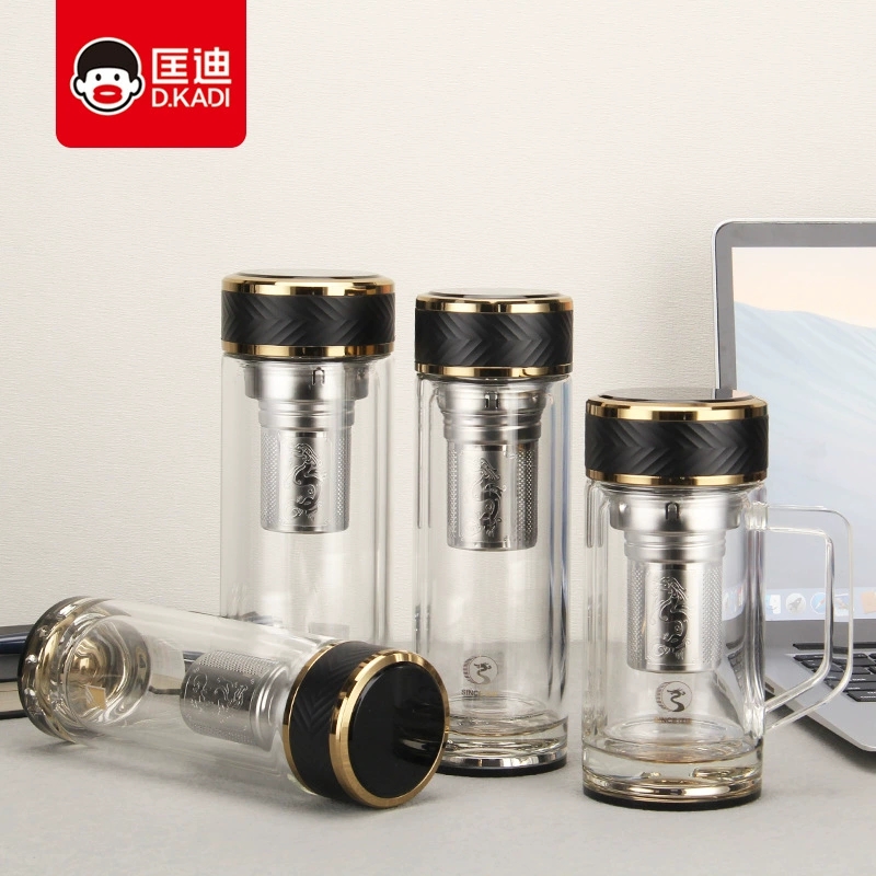 匡迪新款2220双层水晶玻璃杯办公礼品杯印字高硼硅茶水分离杯透明