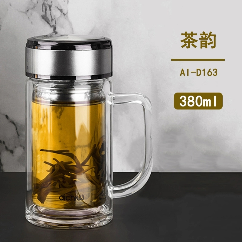 郑州爱奇屋茶韵双层玻璃杯带把手大容量办公水杯商务泡茶杯子 AI-D163